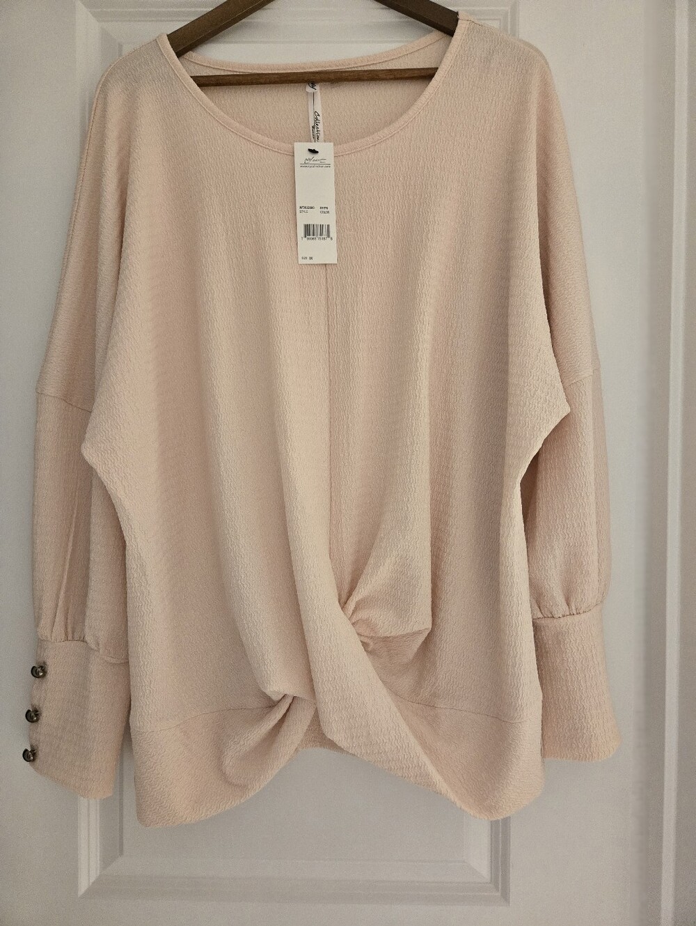 NY Collection Blush Twist-Front Long Sleeve Top